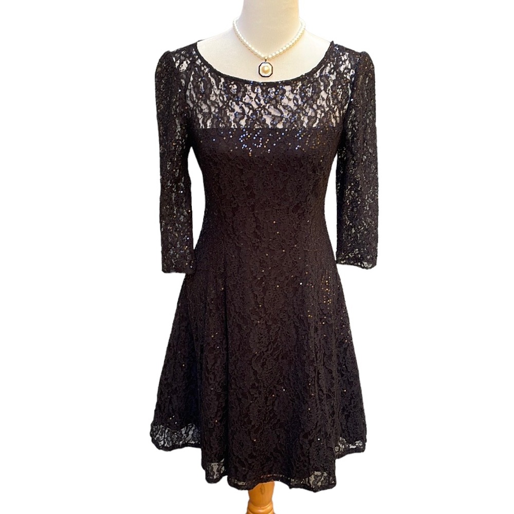 Vintage SL New York Fashions Black Sequined Fit & Flare Evening Dress Sz. 8